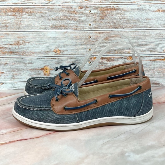 Sperry Firefish Top-Sider Blue Glitter Canvas with Tan Leather trim - Picture 2 of 9